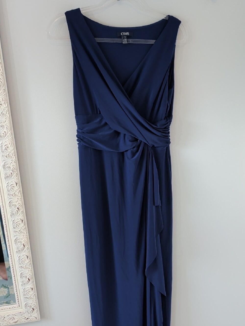 Chaps Royal Blue Sleeveless Draped V-Neck Ruffle Evening Dress 12p